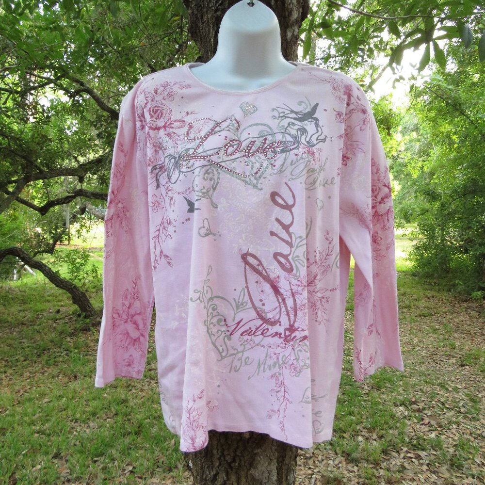 Artisans Love Pink Sparkle Womens 3/4 sleeve top Large 100% Cotton